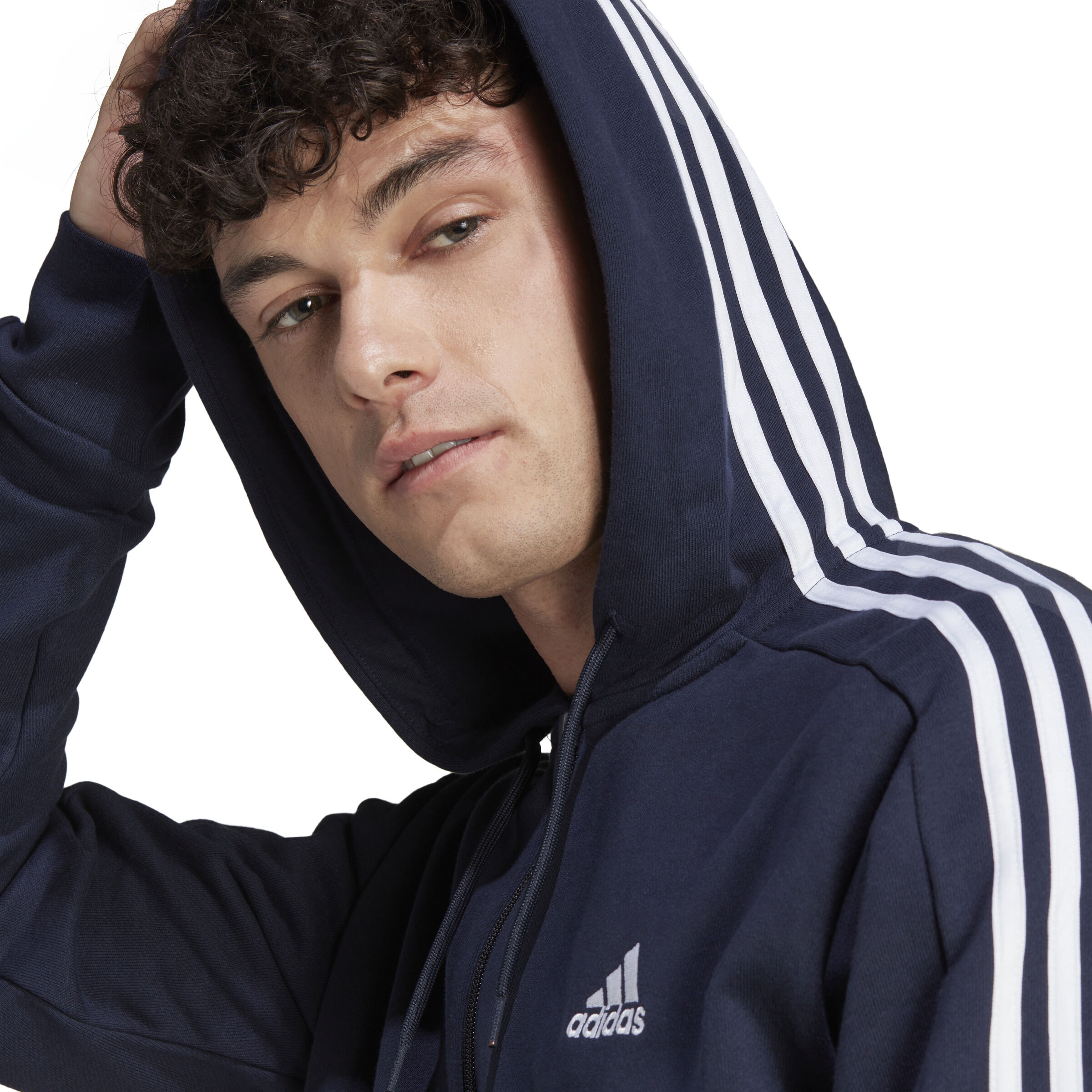 Essentials French Terry 3 Stripes Full Zip Felpa Uomini Blu Scuro Bianco